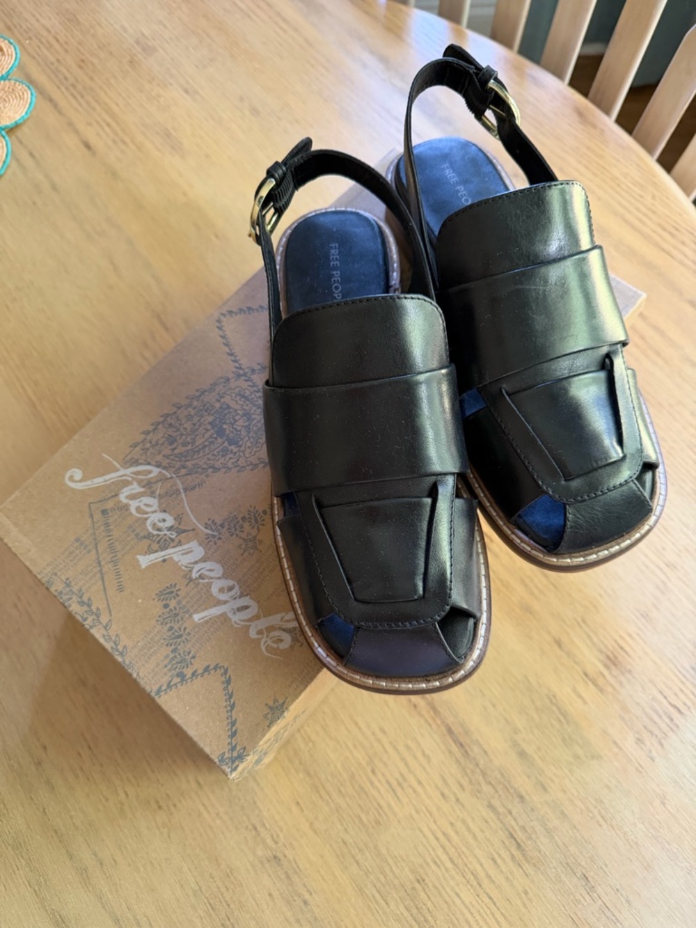 Free People Black Leather Slingback Fisherman Sandals with Brown Trim